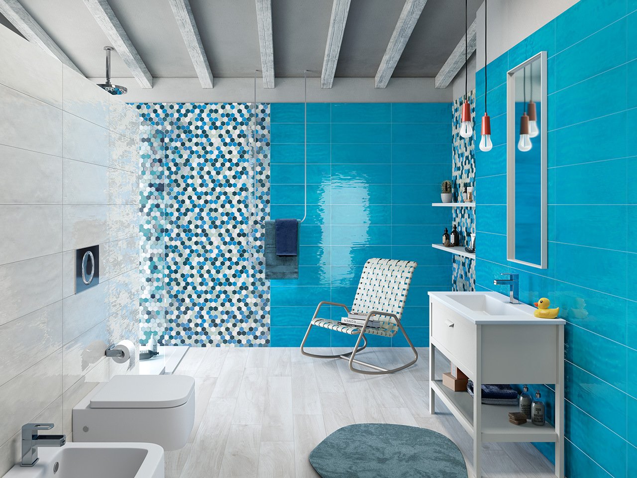 Salle de bains moderne en carreaux bicuisson colorés