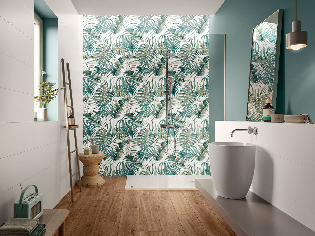 Salle de bains moderne en bicuisson effet jungle